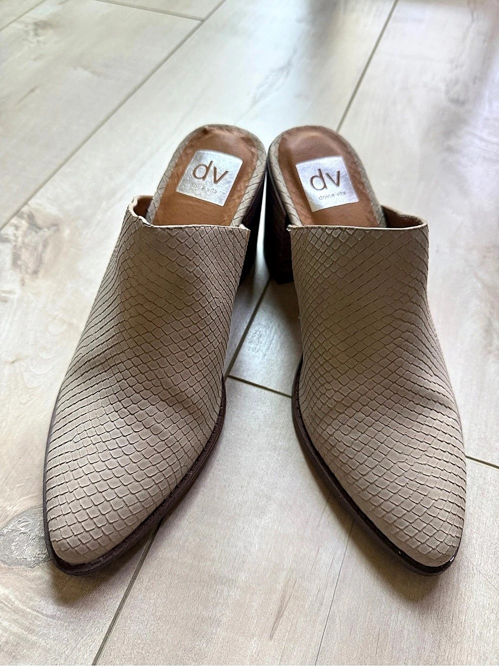 dv by Dolce Vita Snake-Embossed Block Heel Mules in Brown